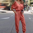 thumbnail image 4 of Gaecuw Dressy Jumpsuit for Women 2023 Short Sleeve Overall with Pockets V Neck Band Collar Solid Onesie One Piece Outfits Loose Baggy Long Pants Wide Leg Summer Romper Pull On Calf Length Trousers, 4 of 5