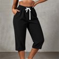 thumbnail image 5 of Ruimatai Women Capri Cropped Pants High Waist Drawstring Elastic Waistband Side Pockets Ribbed Textured Loose Casual Summer Trousers, 5 of 9