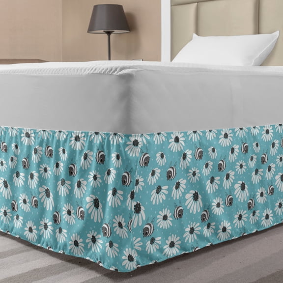 Floral Bed Skirt, Repeating Flowers Bees Nature Interpretation in Pastel Colors Pattern, Elastic Bedskirt Dust Ruffle Wrap Around for Bedding Decor, 4 Sizes, Pale Sky Blue and White, by Ambesonne