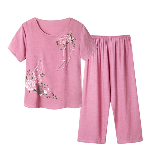 Pantalones de Mujer Traje de Verano Impreso de Manga Corta Cuello Redondo Top & Shorts Set, Delgado Y Casual de las Mujeres Pantalones Casuales