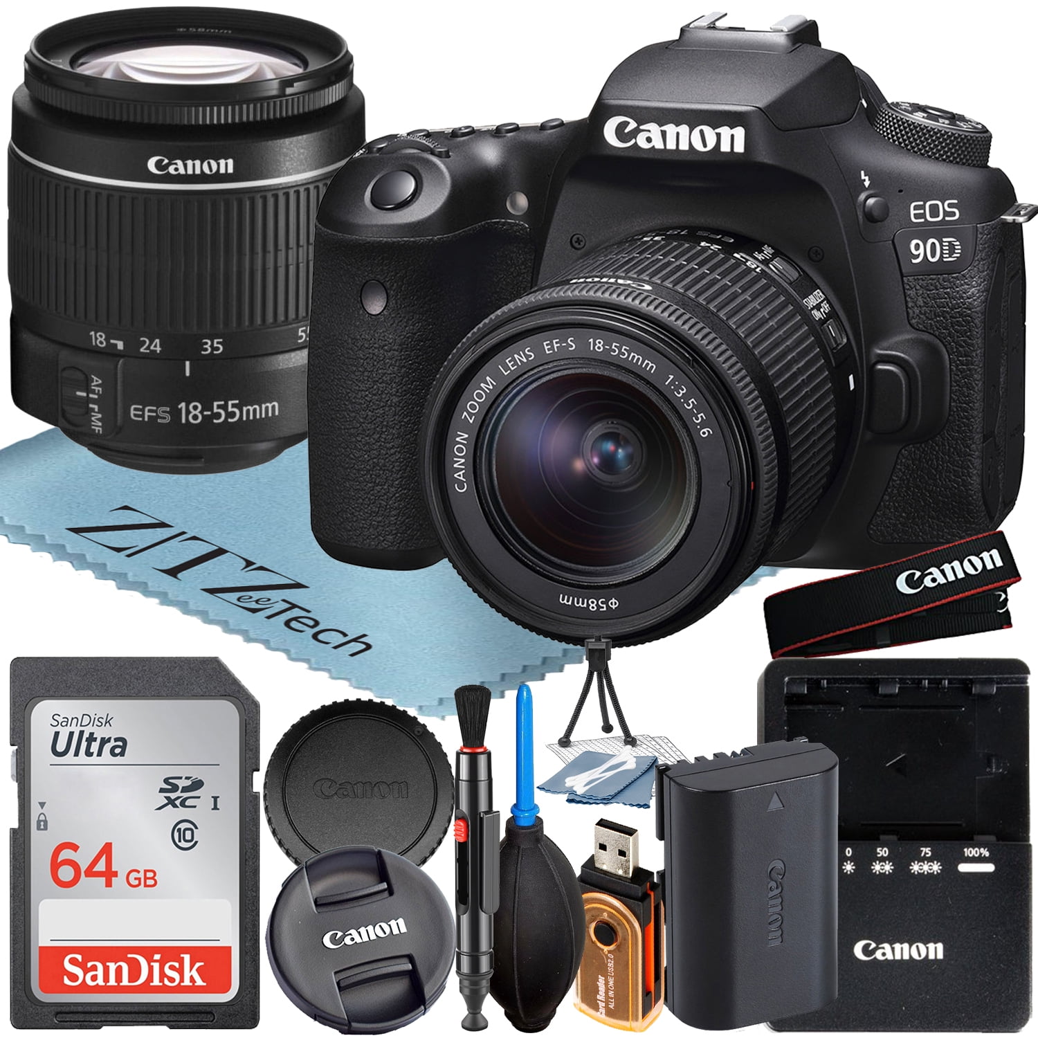 Canon EOS 90D DSLR Camera with 1855mm Lens + SanDisk 64GB Memory Card + ZeeTech Accessory