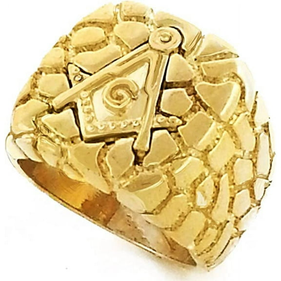 Mens Gold Tone Freemason Masonic Mason Square Nugget Ring (8)