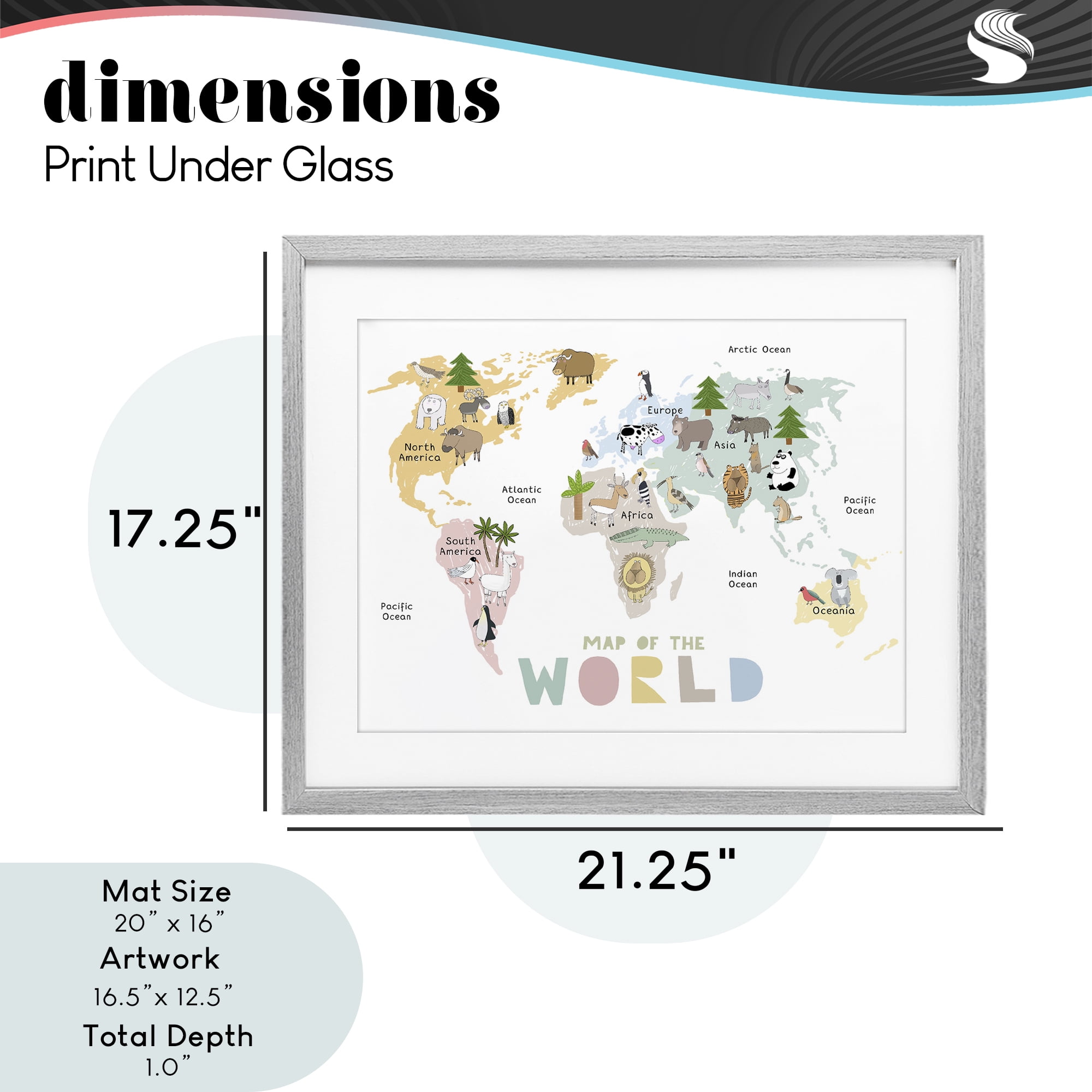 Map Of World Pastel Animals Gray Framed Print Under Glass, design by Carla Daly