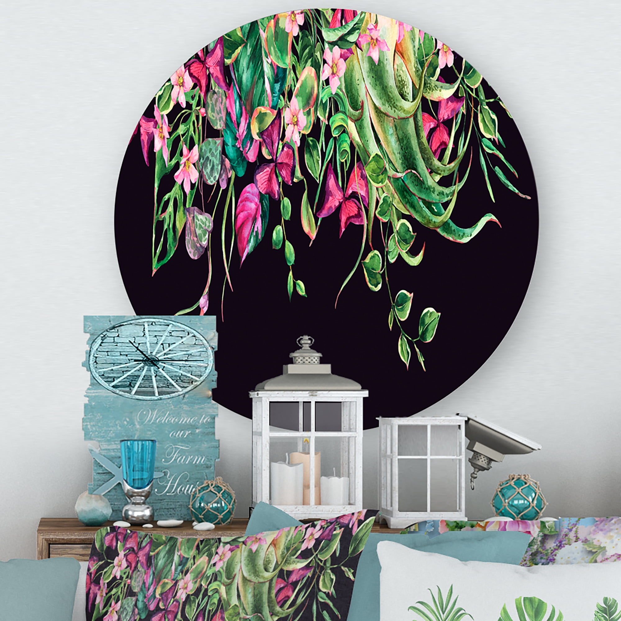 Designart 'Floral Tropical Leaves On Black Background' Farmhouse Circle Metal Wall Art 23x23 - Disc of 23