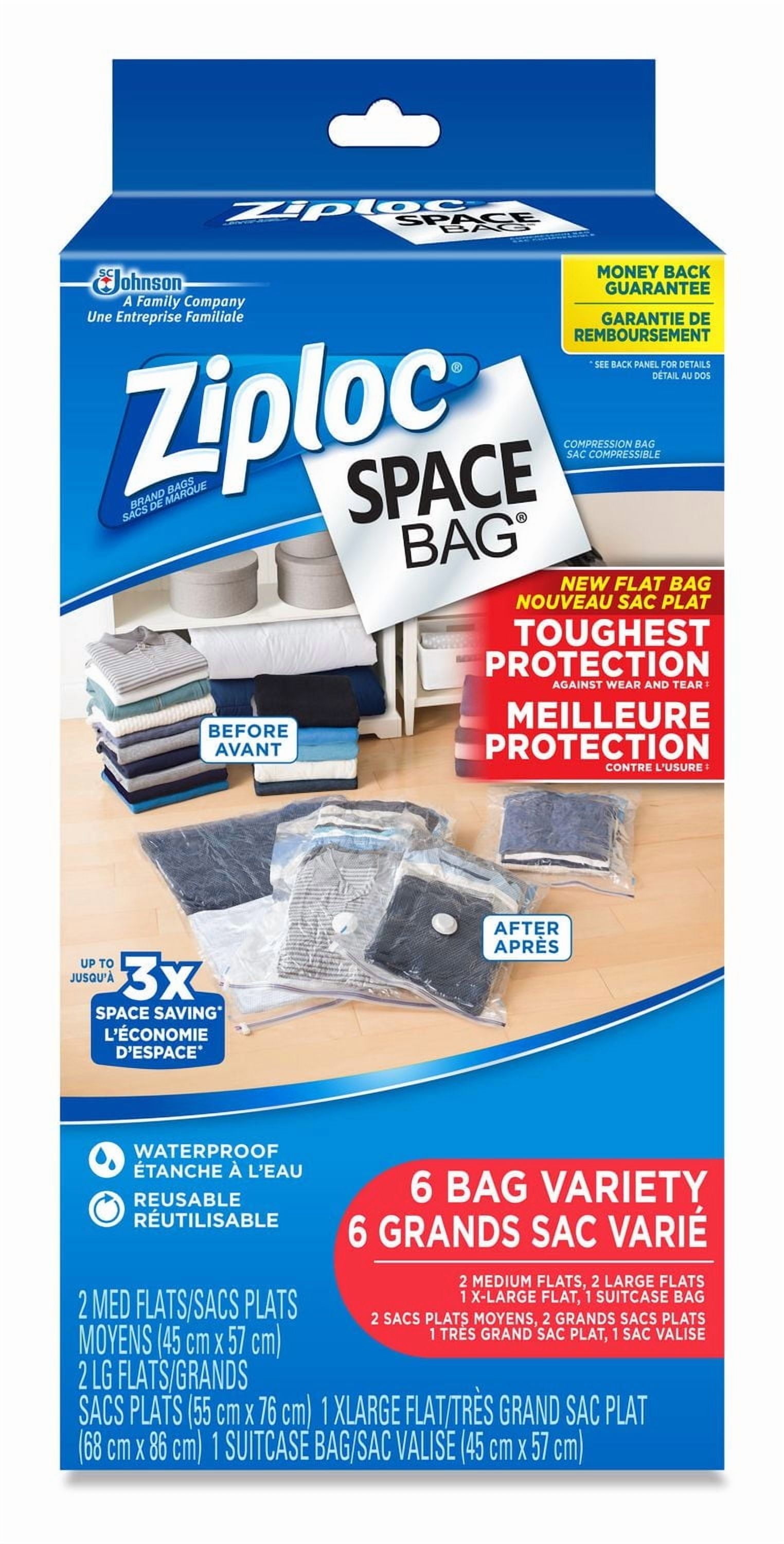 Ziploc Space Bag Vacuum Bags Variety Pack, 6 Bags (2 Medium, 2 Large, 1 Extra Large Flat bags, and 1 Travel bag)