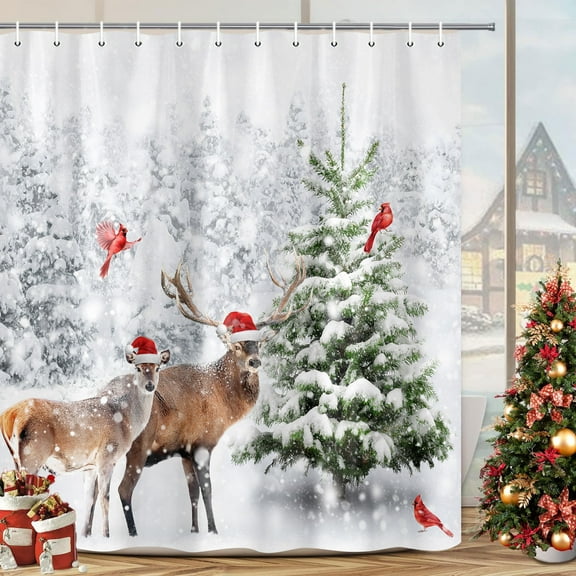 Winter Christmas Shower Curtain Set, Natural Winter Forest Snowflake Christmas Shower Curtain for Bathroom, Funny Cute Deer Christmas Bathroom Decor Waterproof Fabric Bathtub Sets with Hooks,70X70IN