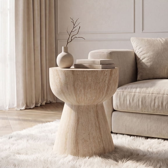 Dayalane Round Faux Stone Side Table, 15.5" Modern Hourglass End Table Indoor Outdoor, Travertine Beige Look Accent Drink Stool for Living Room Patio, Fully Assembled