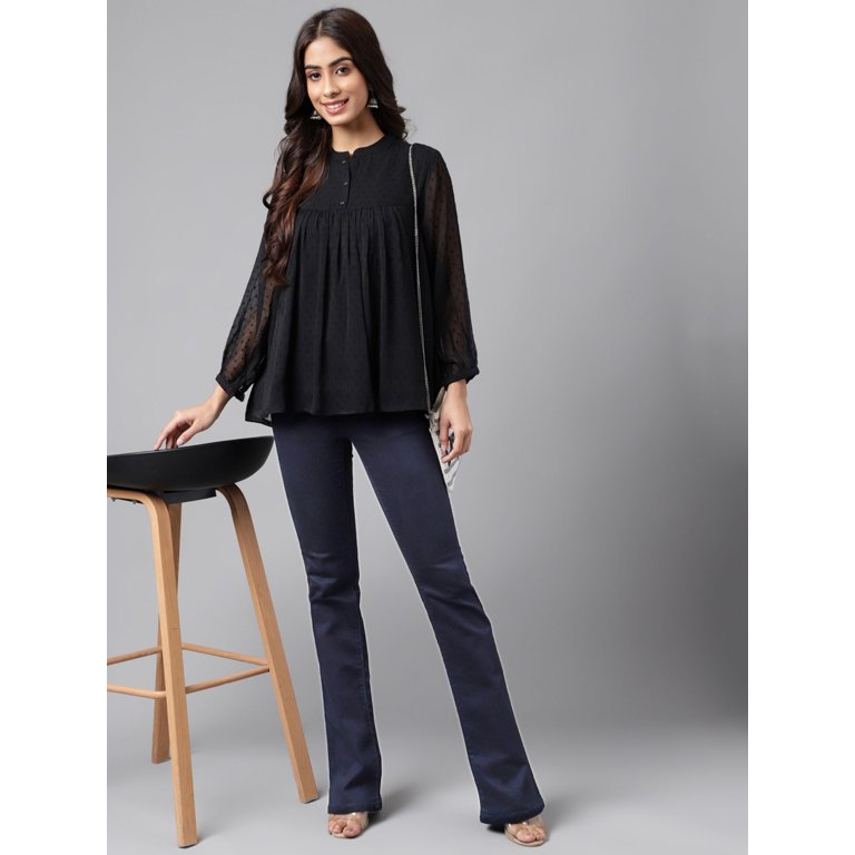 Janasya Women's Black Dobby Chiffon Solid Empire Top