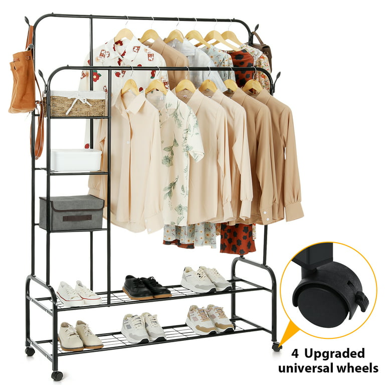 Bentism Clothes Rack 300 lbs Double Hanging Garment Rack with Wheels Heavy Duty Rolling Clothing Garment Rack 36in W x 17.7in D x 80.3in H Black