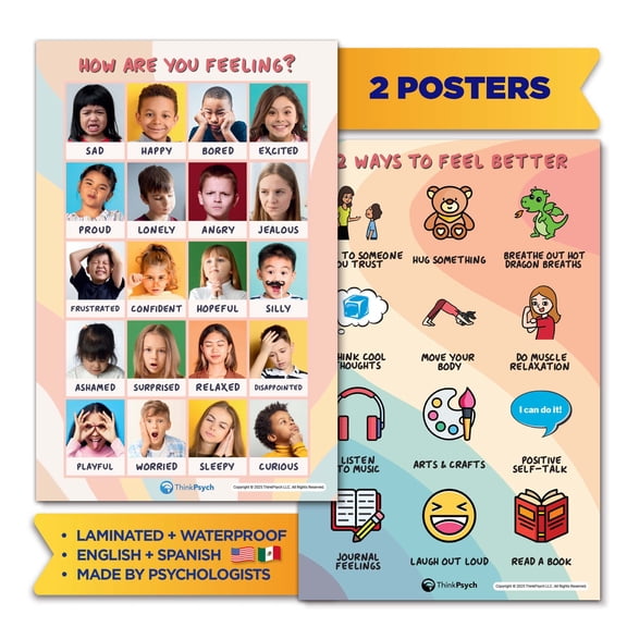 ThinkPsych 2 Pack Laminated Emotions Posters, English/Spanish, Double-sided, 11"x17", For Kids Ages 3 