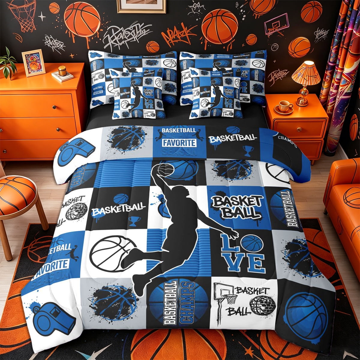Castle Fairy Basketball Gamer Collage Full Size Bedding Sets 7 Pieces Sport Geometric Grid Full Size Bed in a Bag Black Navy Blue Black Reversible