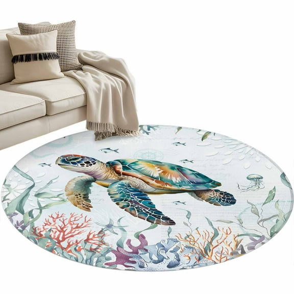 Sea Turtle Coastal Round Area Rug 3 FT, Small Kitchen Bathroom Mat, Summer Beach Coral Ocean Seaweed Washable Indoor Outdoor Throw Runner Carpet Non-Shedding Doormat for Table Shower Sofa Entryway