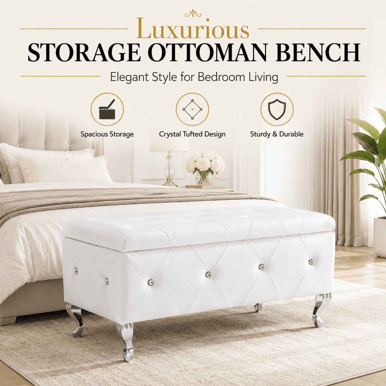 Aukfa 38" Upholstered Storage Ottoman Bench with Hidden Storage, Crystal Tufted Faux Leather Bed Bench, 380 lb, White