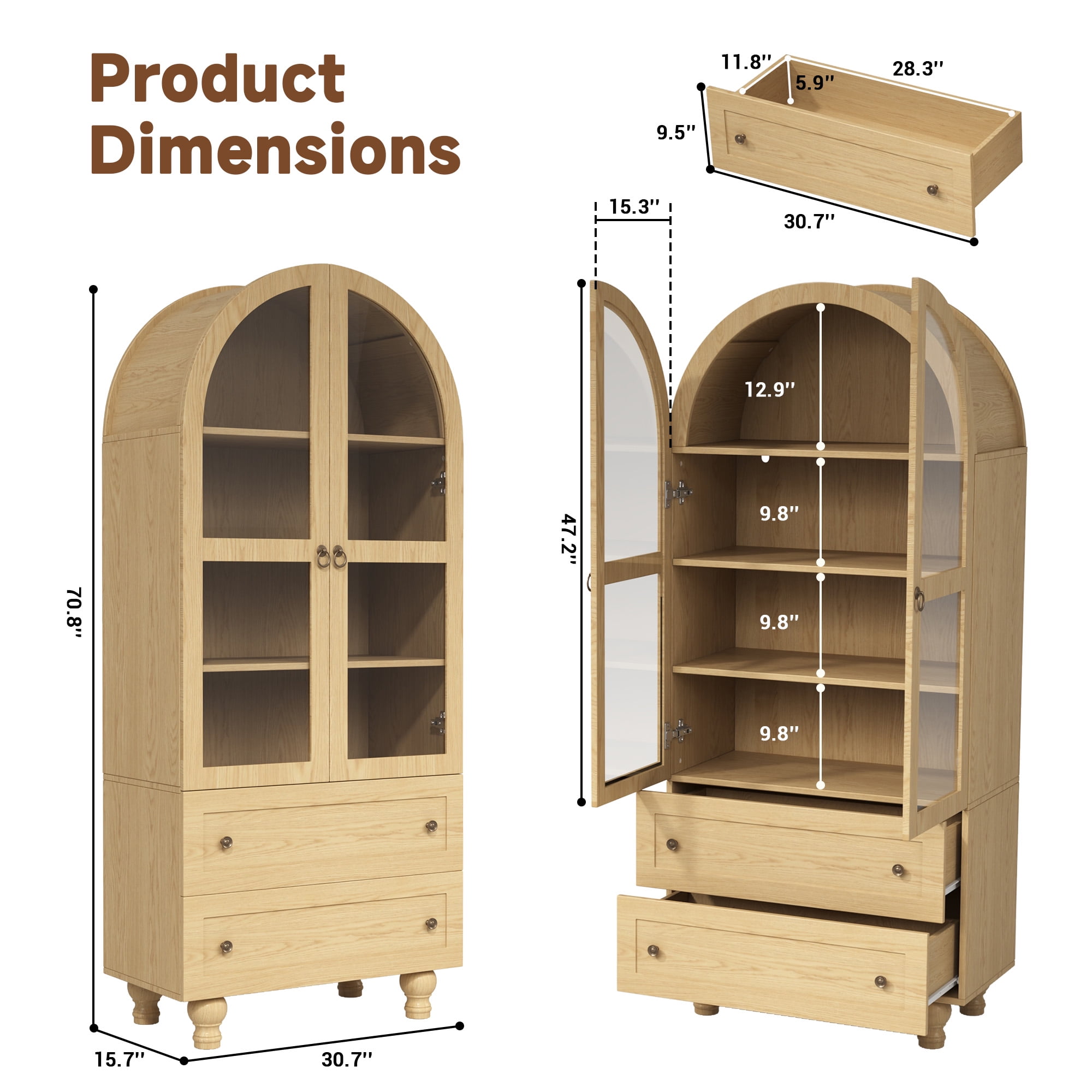 NEGYLIM 71'' Arched Kitchen Pantry Cabinet & Display Cabinet with Glass Doors, 4 Shelves, 2 Drawers, Solid Wood Legs, Suitable for Kitchen, Bedroom and Living Room, Easy Storage