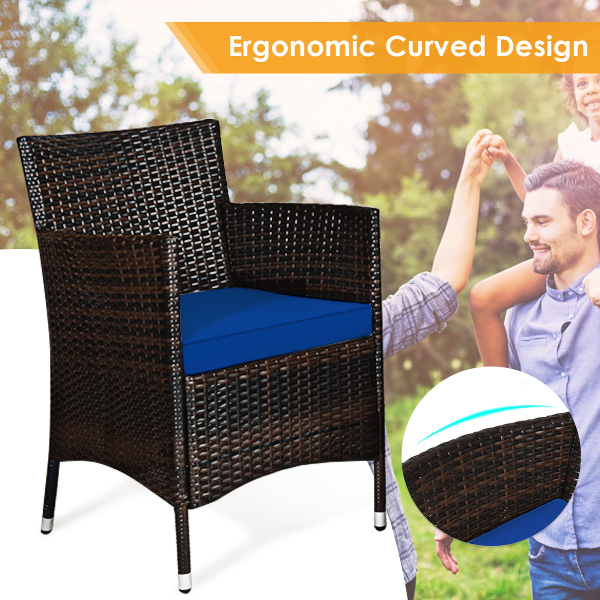 Gymax 4PCS Patio Rattan Conversation Furniture Set Outdoor w/ Navy Cushion