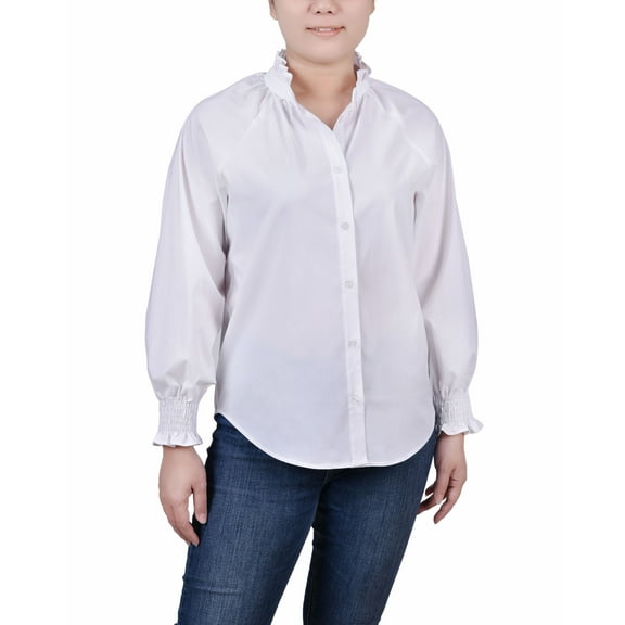 NY Collection Petite Cinch Sleeve Button Front Blouse White PS