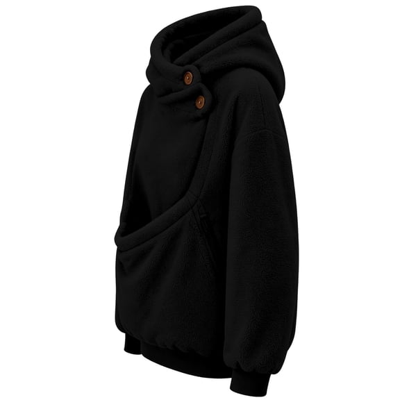 Pet Pouch Hoodie for Women Dog Carrier Sweatshirt Small Pet Carrier Hoodie Button Neck Large Pet Pouch Long Sleeve Fleece Pullover Oversized Casual Solid Color with Kangaroo Pocket