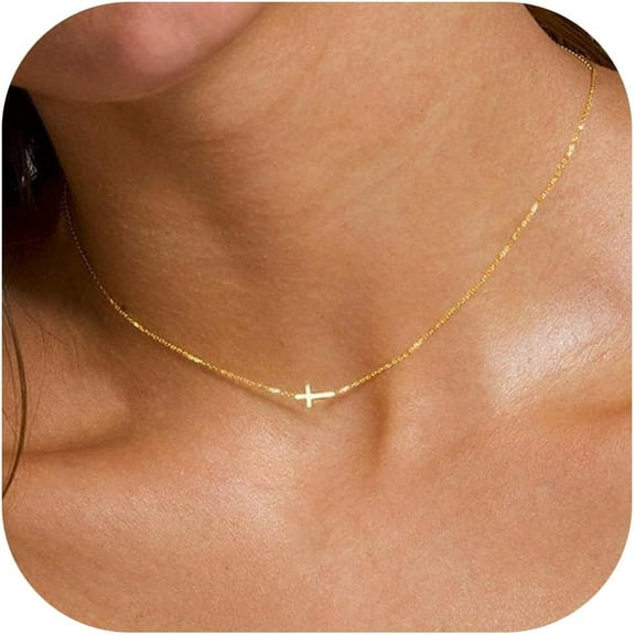 Cross Necklace For Women - 18K Gold Plated Cross Necklace Dainty Gold Cross Necklace Tiny Sideway Cross Choker Necklace Gold Cross Necklaces For Women Gold Jewelry For Women Gifts[o2252]
