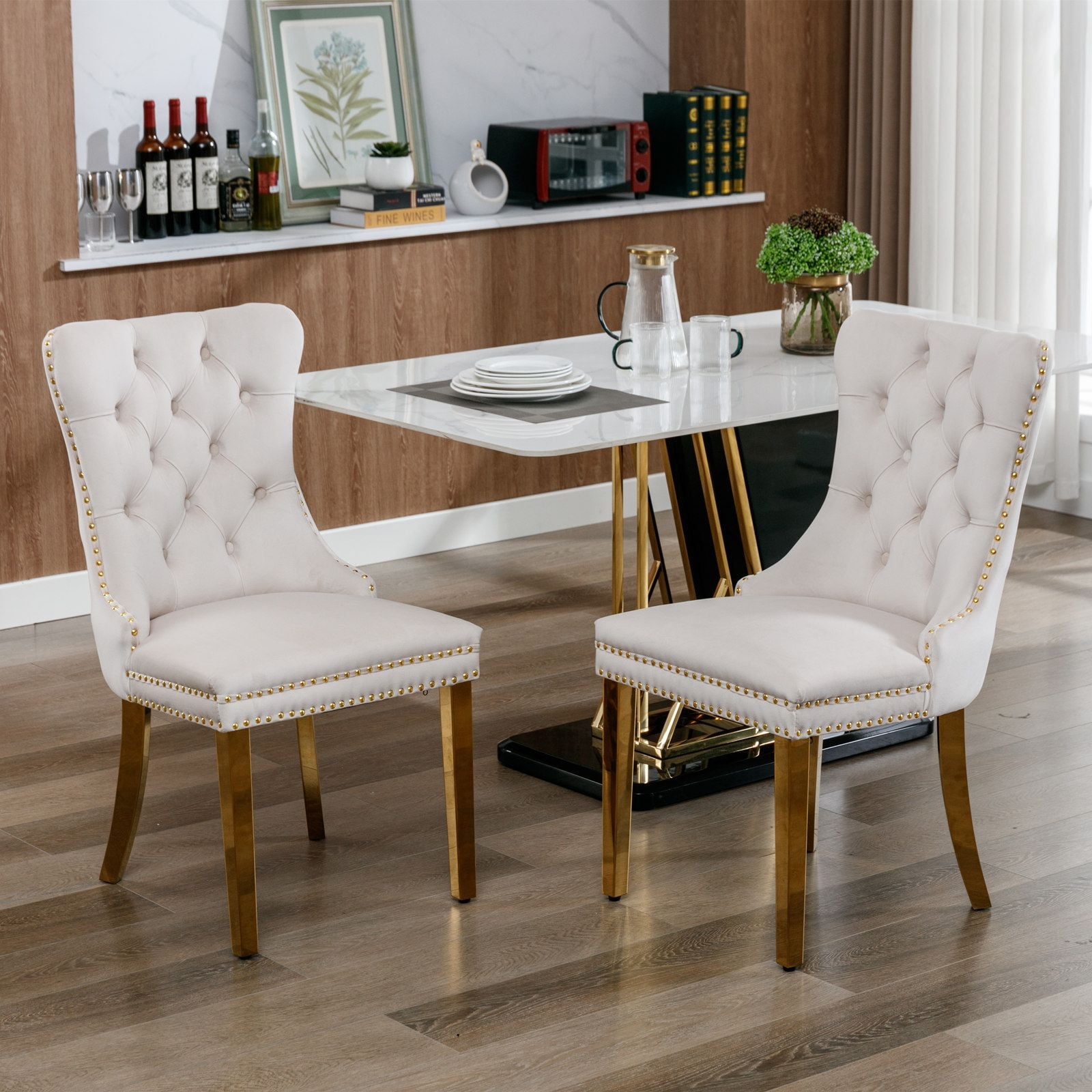 Dining Room Chairs with Velvet Fabric Dining Chairs with Golden Stainless Steel Plating Legs, Backrest and Button Velvet Fabric Design,Luxury Home Furniture for Dining Room(Beige Set of 6)