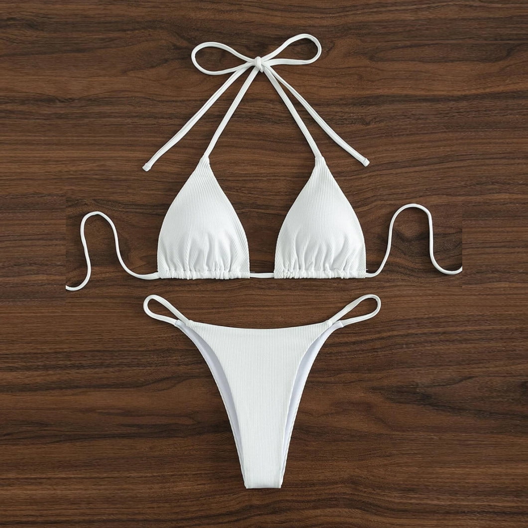 rib halter triangle tie side bikini swimsuit