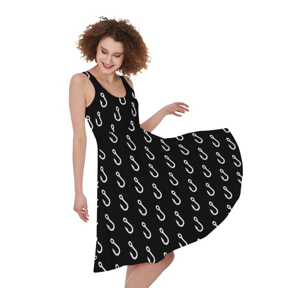 Black And White Fishing Hooks Print Sleeveless Knee Length Dress, Fish Fishing Fashion Summer Maxi Dress For Women.