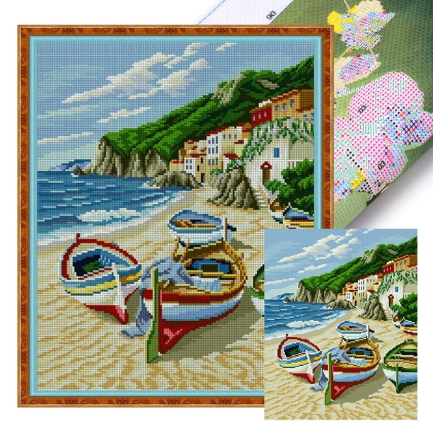 Hilo Algodón Ecológico Bordado Barcos Impresos 11CT Punto Cruz 40x50cm