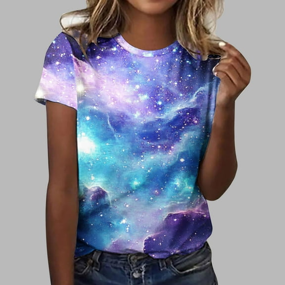 Womens Tops under $5 Crewneck Short-Sleeved Printed T-Shirt Multicolor S