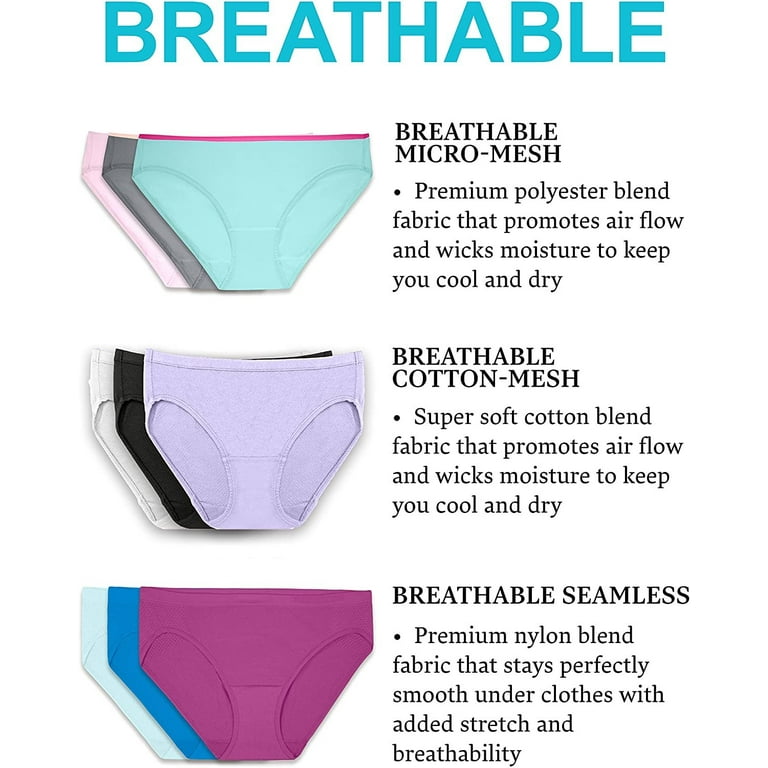 Fruit of the Loom Women's Underwear Breathable Panties Regular & Plus Size,  Bikini - Seamless Mesh - 3 Pack, 5 