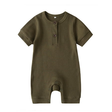 

Gupgi Newborn Baby Short Sleeve Jumpsuit Solid Color Knit Rib O Neck Button Romper Cotton Outfits