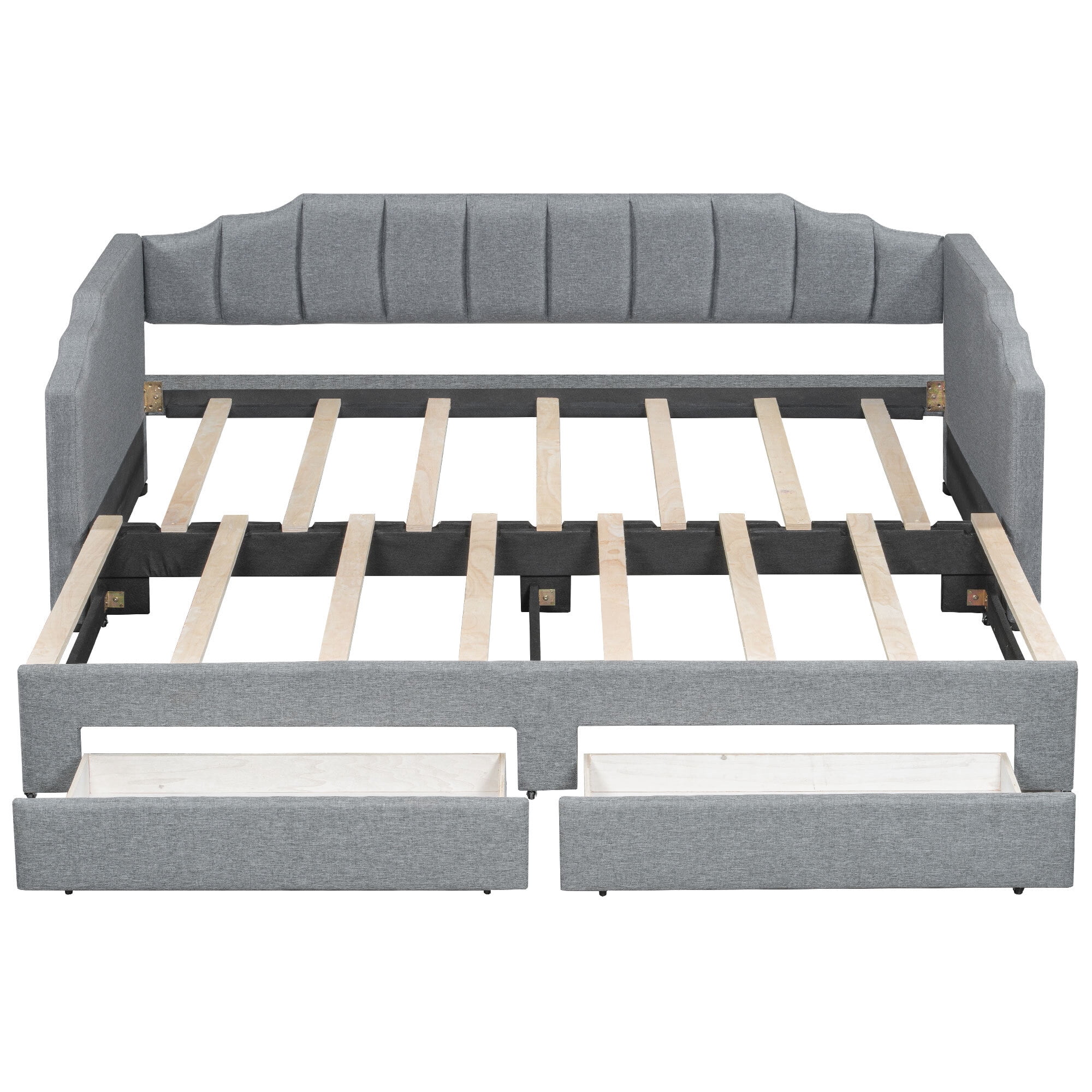 Euroco Upholstery Twin XL Extendable Daybed with Drawers & LED Lights, Convertible to King Size, Modern Beige Fabric, Multi-Functional Sleeper Sofa, Gray