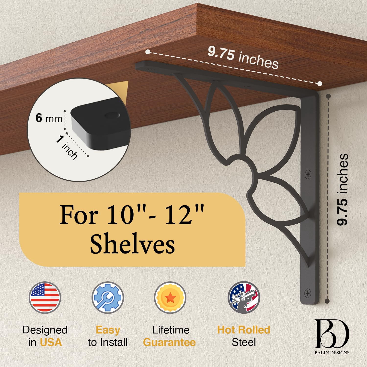 L Brackets by Balin Designs (Black) for 10"-12” Flower Style Shelves – Heavy Duty Decorative Metal Supports - Mantel Shelf - Easy Installation with Included Hardware - Set of 4