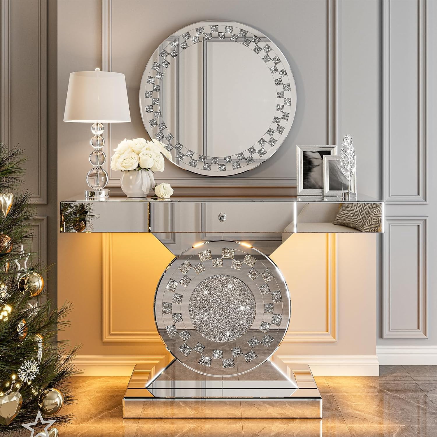 ARICOEASY Mirrored Console Table with LED Light and Storage Drawer, 47.2'' Long Entryway Sofa Table