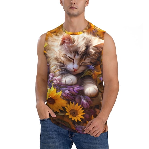 Balery Cute Cat Sunflower Camisetas sin mangas para hombre, absorbe la humedad y protege contra el mal olor.-Large