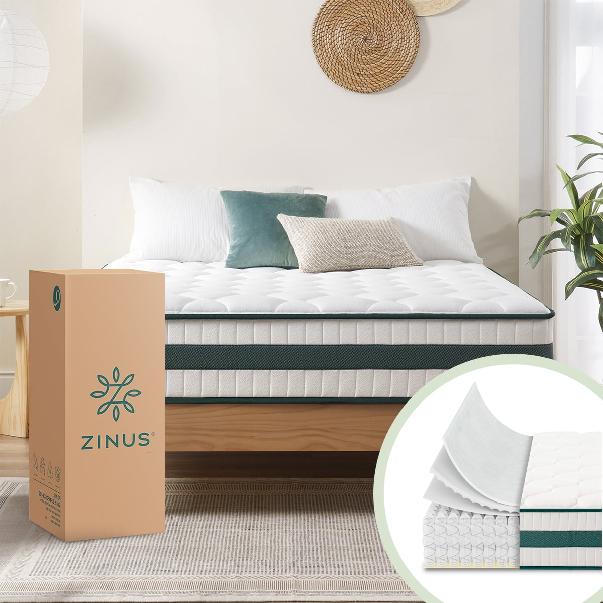 Zinus Comfort Colchón en Caja King Size con 3 capas de Memory Foam y Resortes Independientes, 30 cm de Altura Total, Aislamiento de Movimiento, Firmeza Media y Transpirable. Certificación CertiPur