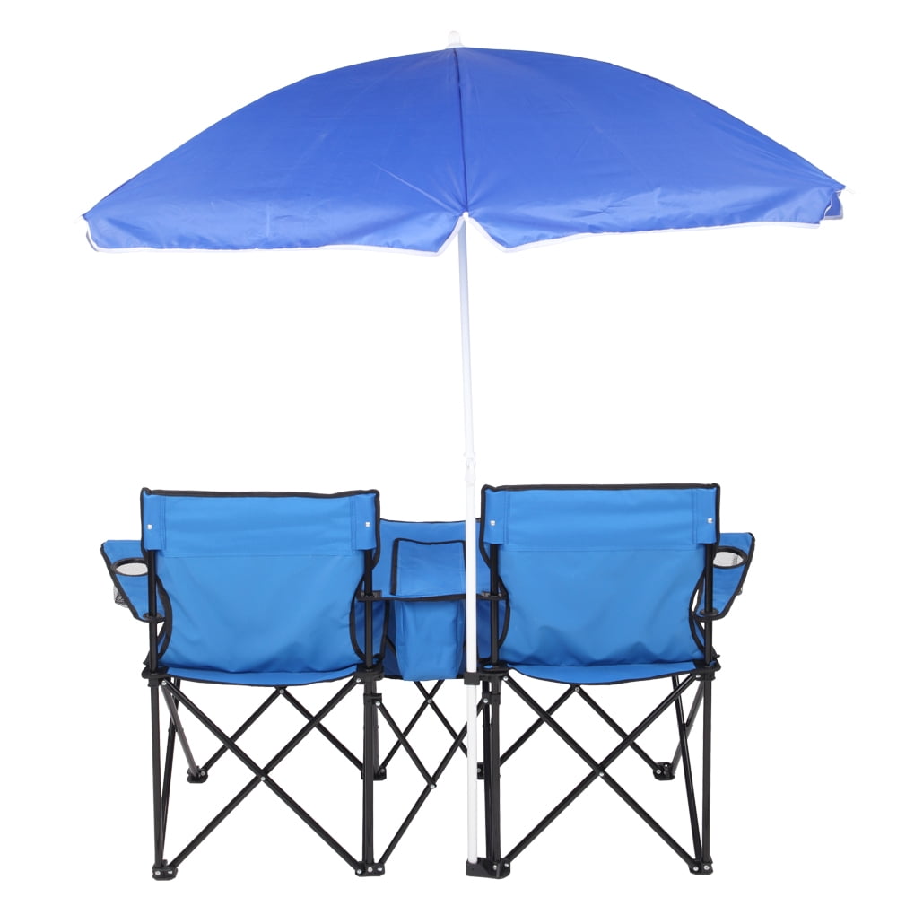 2-Seat Outdoor Folding Chair with Removable Sun Umbrella, Blue