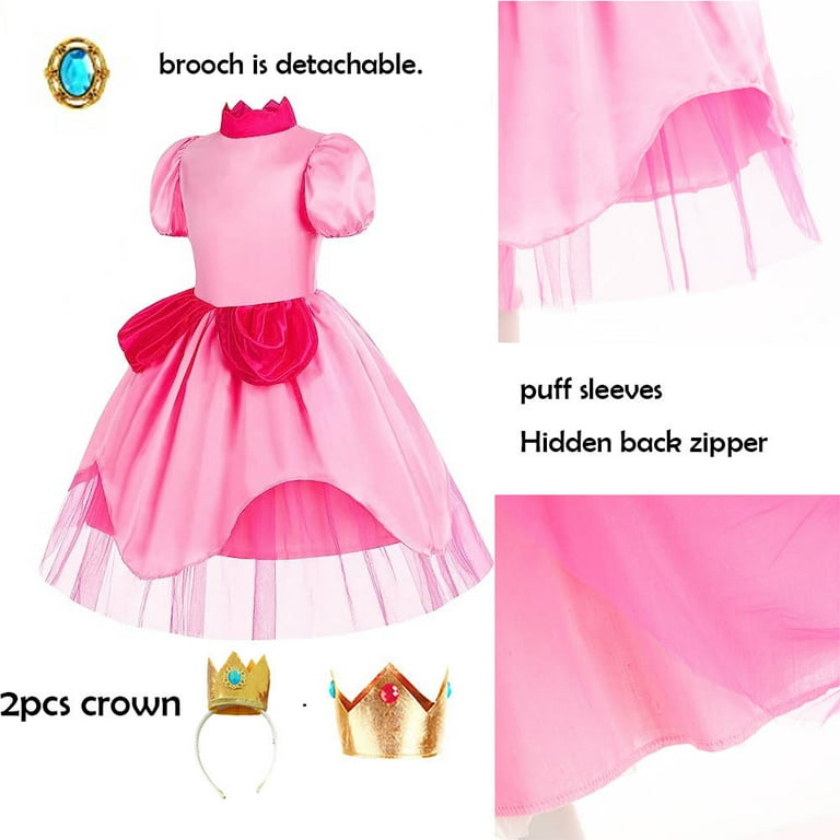 Girls Princess Peach Costume Super Bros Dress with Crown Earrings