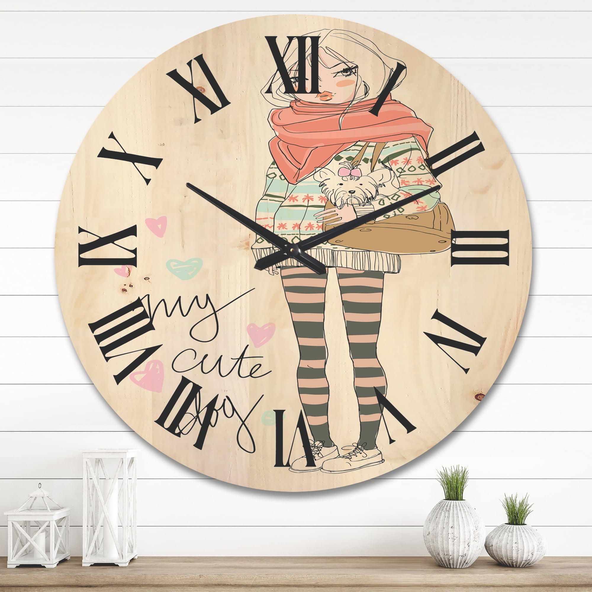 Designart 'My Cute Dog Cute Girl With Dog' Shabby Chic Wood Wall Clock