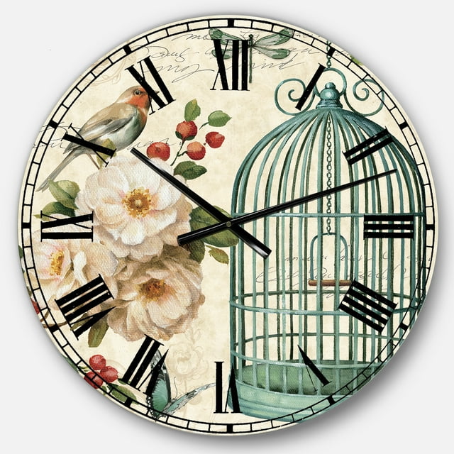 DesignArt Blue Cottage Bird, Birdcage and Apple Blossoms II Large Wall Clock