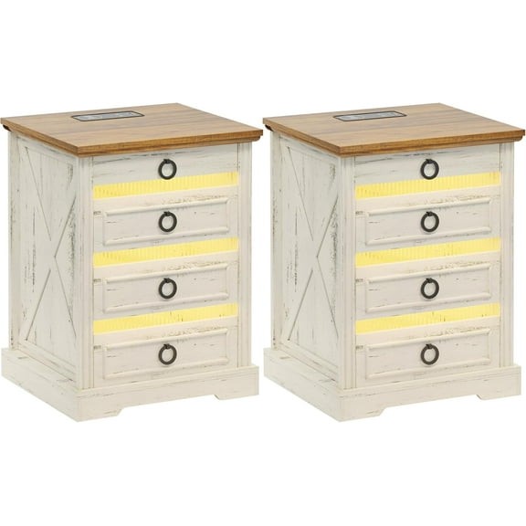 LED Bedside Table Set of 2, Farmhouse Night Stand with Gun Drawer, End Table with Charging Station for Bedroom Living Room, Rustic