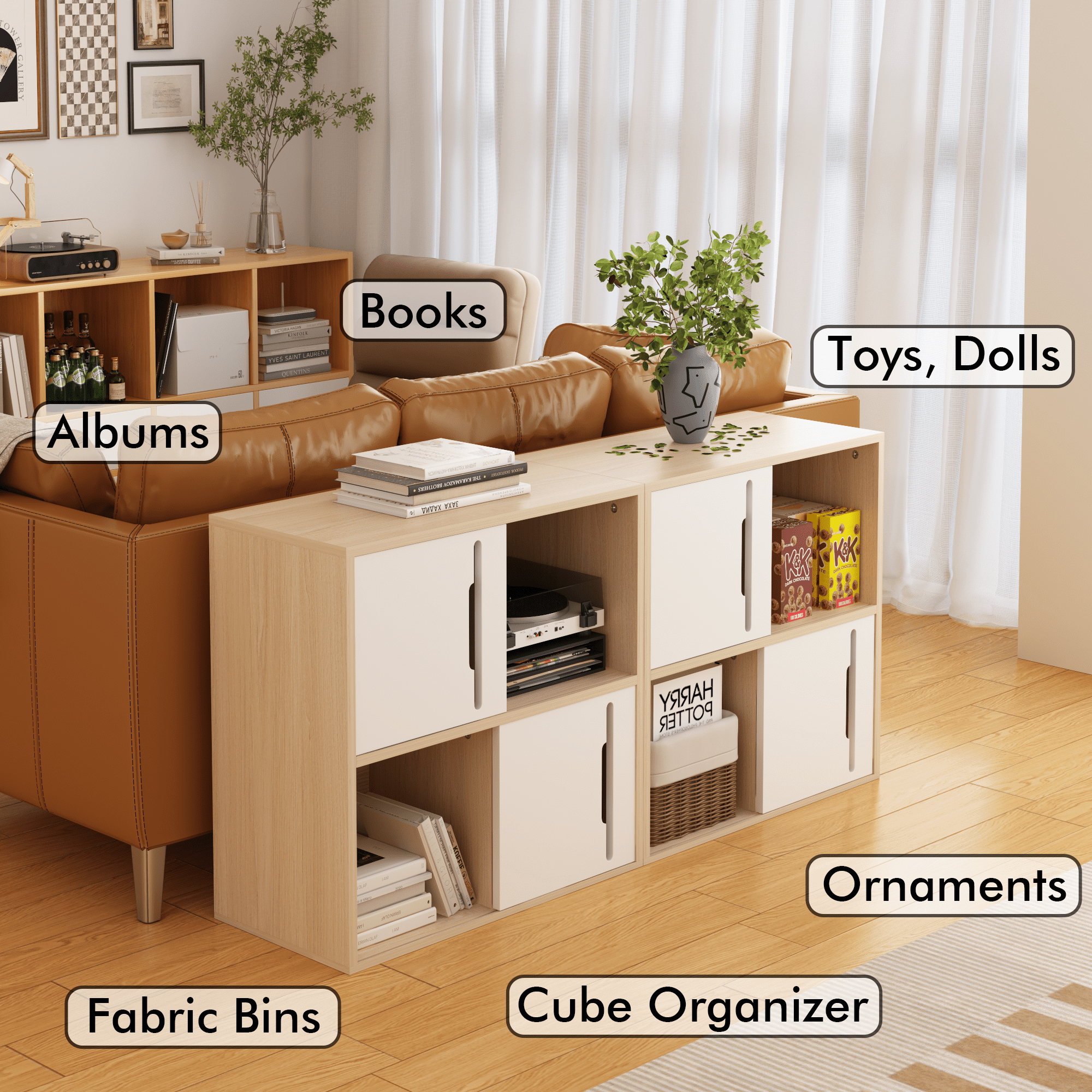 Yoneston Wooden Cube Storage Organizer with Doors, 2-Tier Open and Closed Shelves Bookshelf Cabinet for Living Room, Bedroom, Kids'Room, White