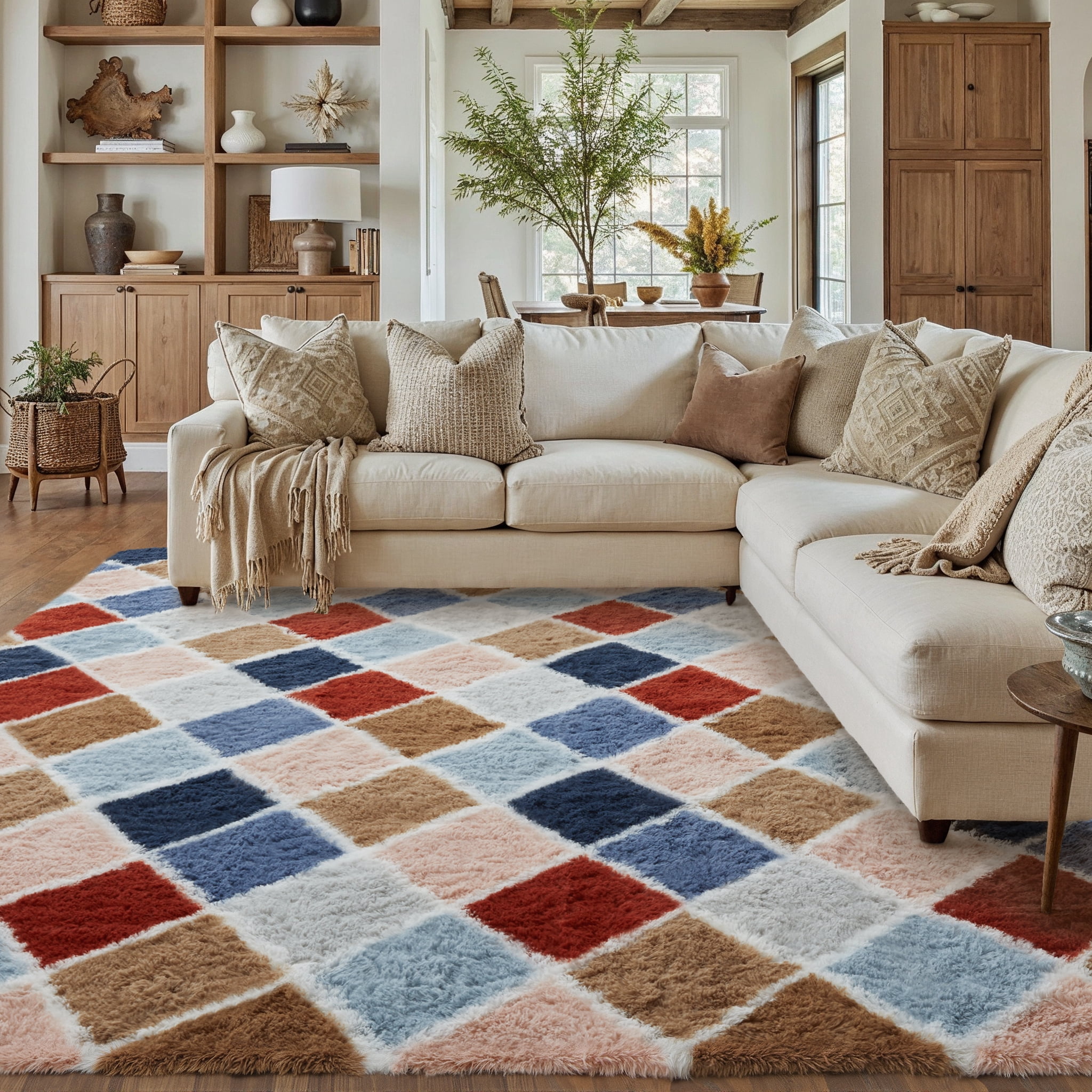 WIPONKEN 5x8 Checkered Shag Rug for Living Room Bedroom Dining Room Office Farmhouse, Washable Noneslip Area Rug Soft Indoor Fluffy Rugs, Colorful