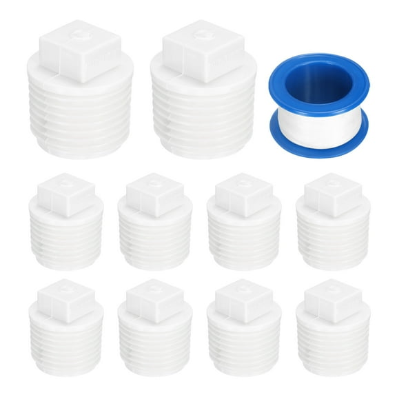 10Pack 1/2 Inch PT Male Thread Pipe Fitting Plug, Cleanout Plugs, Water Drain End Caps Coupling Adapter with Tape for Water Heater Supply Lines, Plumbing, White