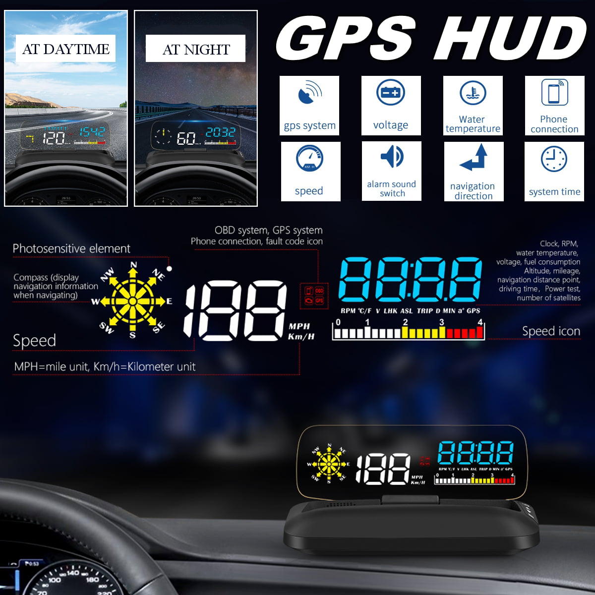 5.5inch Universal Car Black HUD Display Hud Head Up Display High Definition Projector Used to Displays Vehicle Speed Water Temperature Voltage Instantaneous Fuel Consumption Odometer