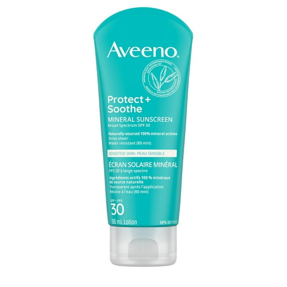 Aveeno Protect + Soothe Sensitive Skin Mineral Sunscreen SPF 30, Oat & Mineral Formula, Paraben Free, Fragrance Free, Dries Sheer, 88 mL