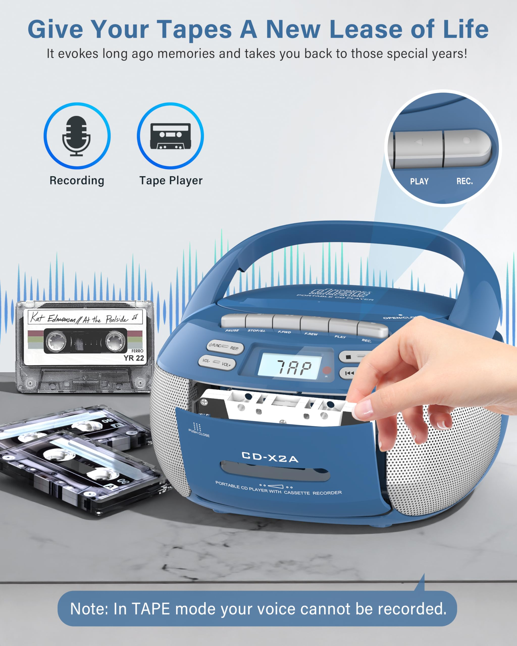 Jazmm CD Player Boombox with Bluetooth, Blue photo 4