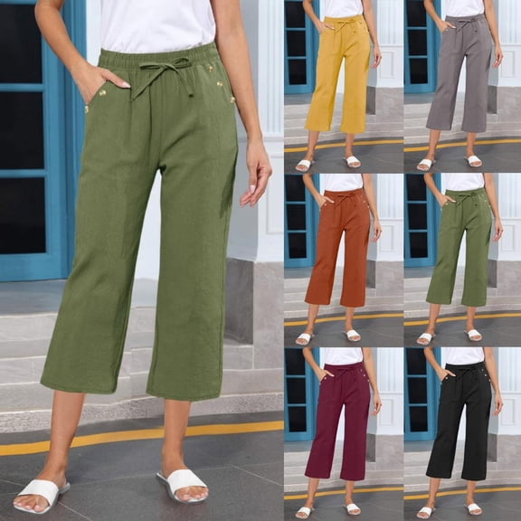 Bxsruta Women's Plus Size Elastic Waist Ankle-Length Pants, Soft Cotton Linen Blend for Everyday Casual with Pockets