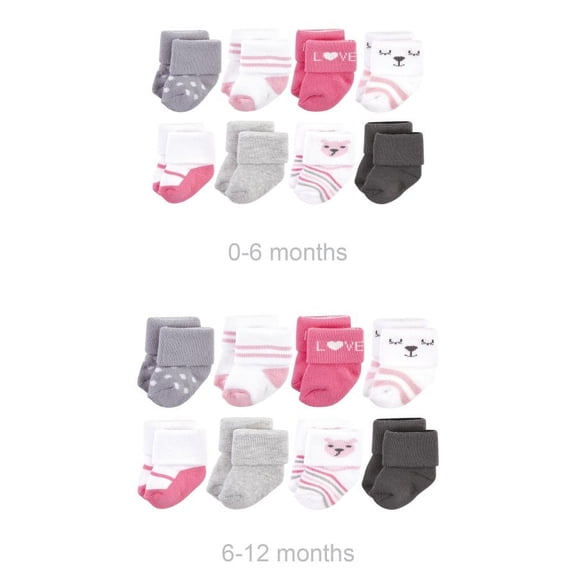 Hudson Baby Infant Girl Grow with Me Cotton Terry Socks, Bear Girl 8-Pack, 0-6 and 6-12 Months