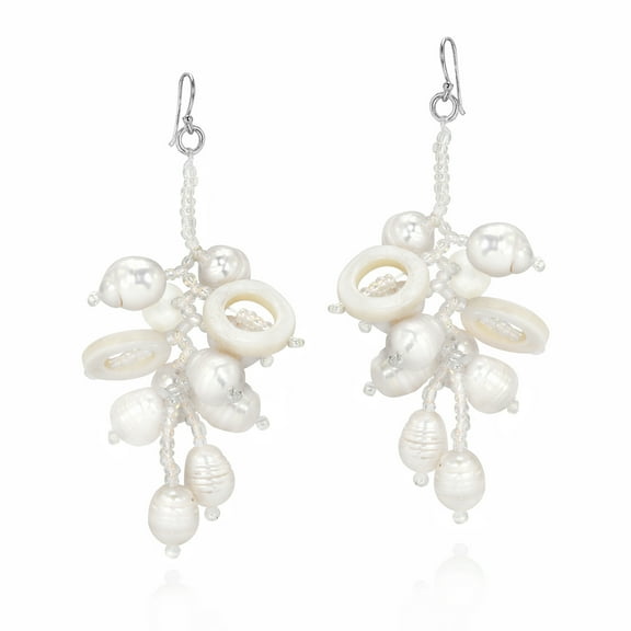 AeraVida Elegant White Cluster of Pearl, Shell & Crystal Statement Dangle Earrings