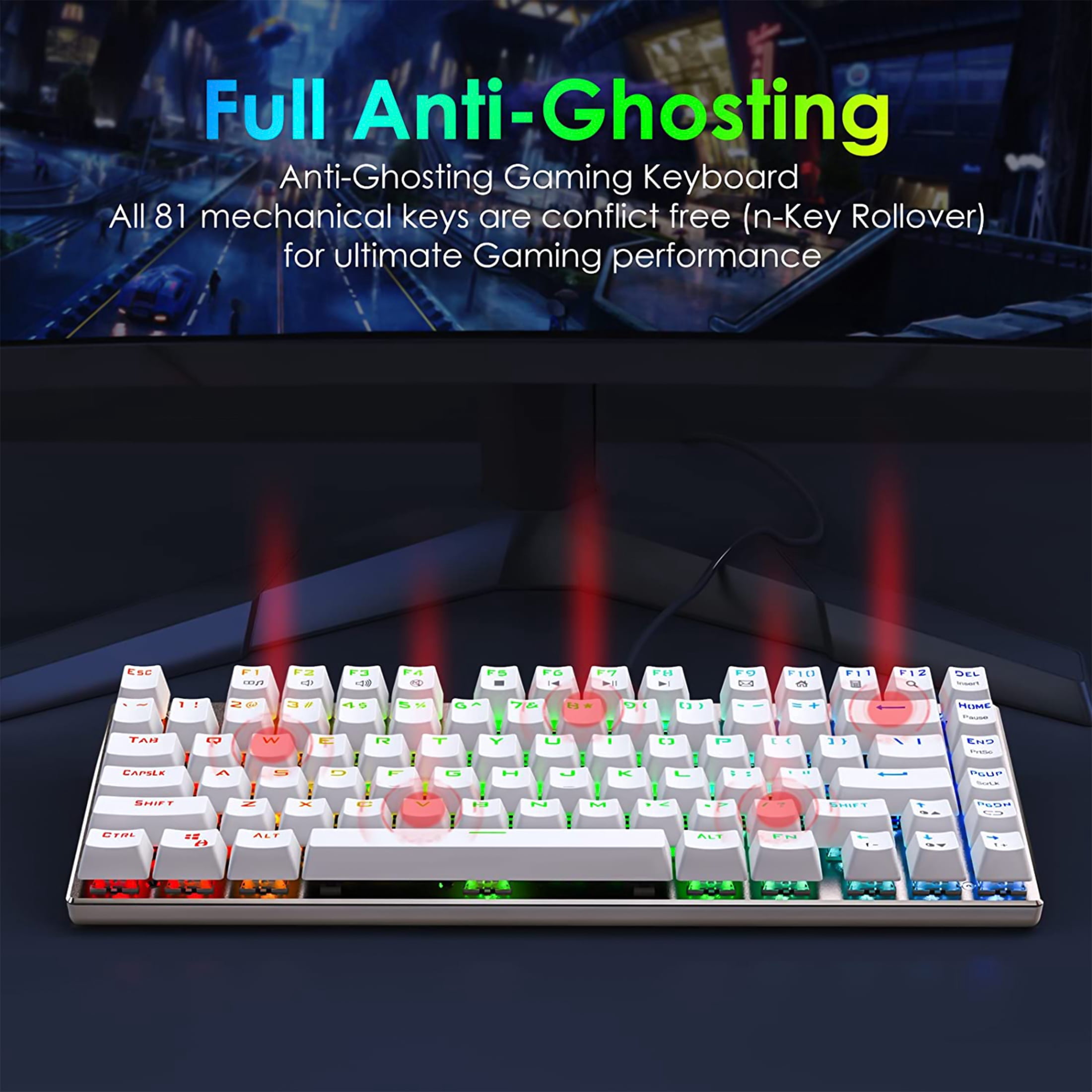 E-Yooso Z-88 RGB Mechanical Gaming Keyboard, Metal Panel, Red Switches, 75% Compact 81 Keys for Mac, PC, Silver and White
