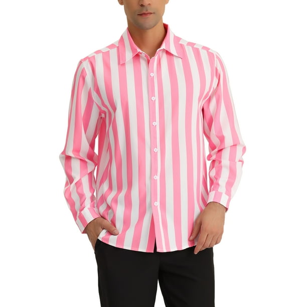 Camisa Casual de Manga Larga de Rayas Verticales para Hombre INSPIRE CHIC, Ajuste Regular, 2XL, Rosa y Blanco